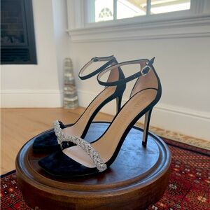 Stuart Weitzman Nudistcurve Embellished Suede Ankle Strap Sandals, Size 10